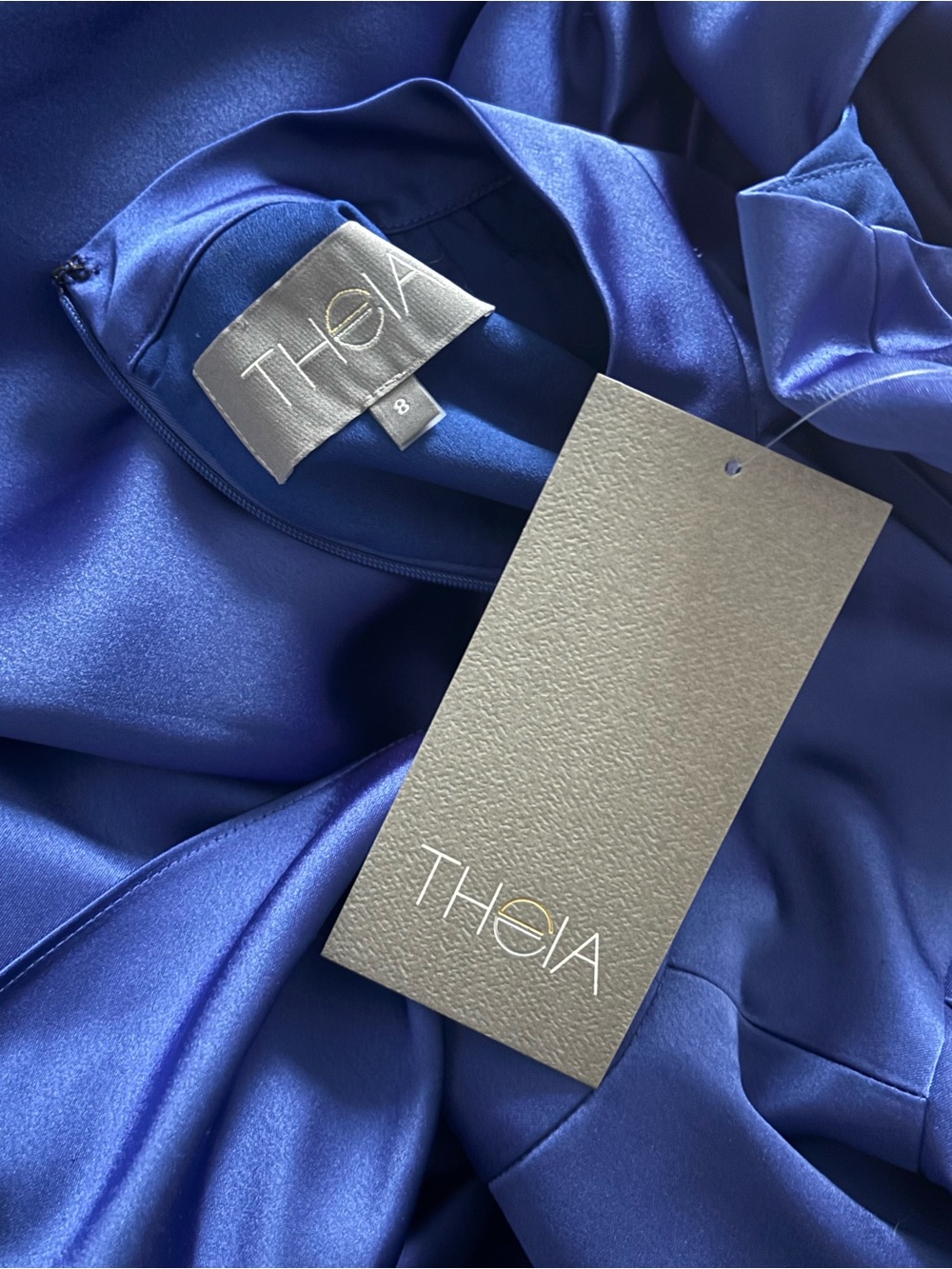 Theia Cobalt Blue Satin Maxi Gown with Capelet - Picture 5 of 6